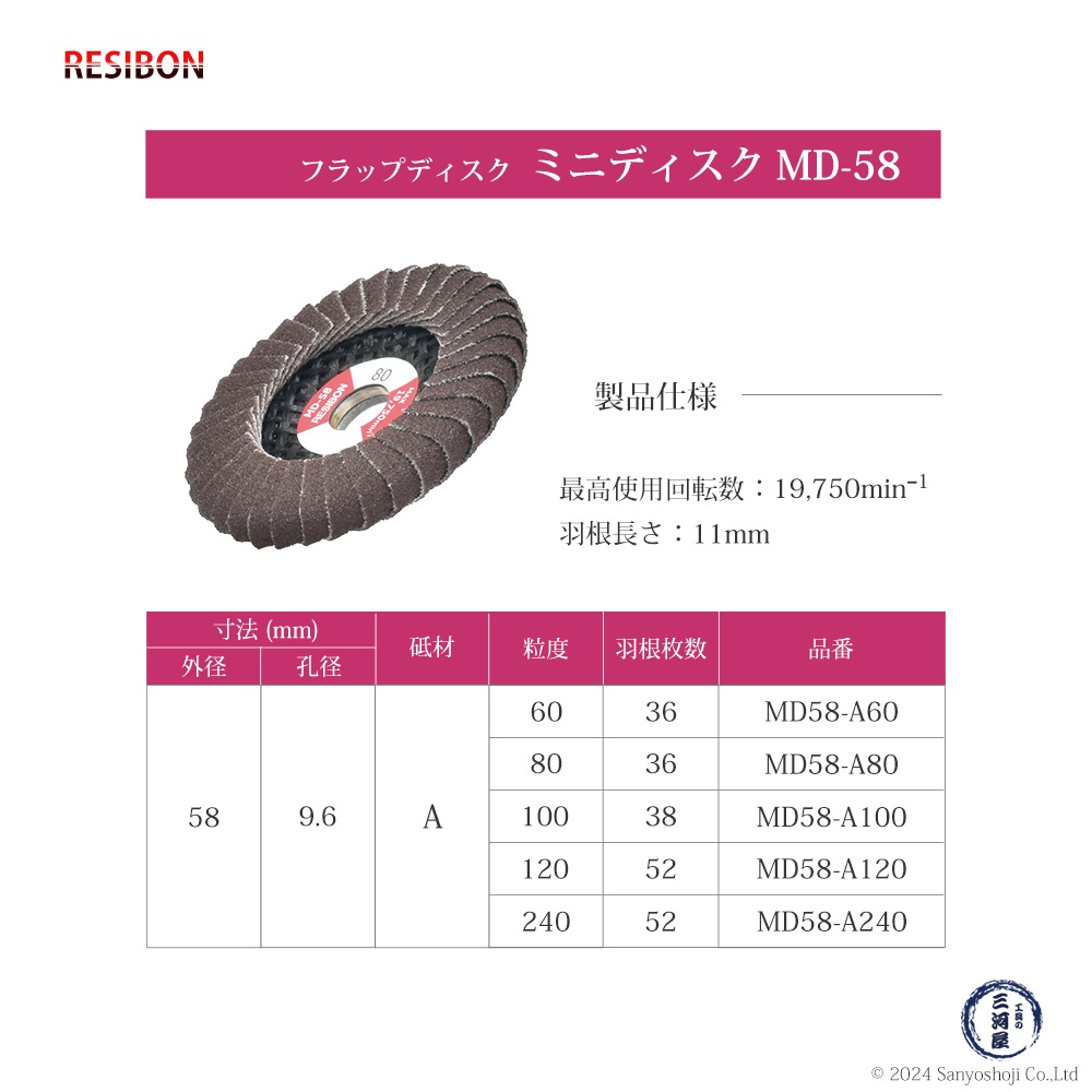 日本 レヂボン ( レジボン ) 研磨用 フラップ ミニディスク MD-58 58x9.6 #60 10枚/箱 ( 直送 ) MD58-A60 ( 代引き不可 )