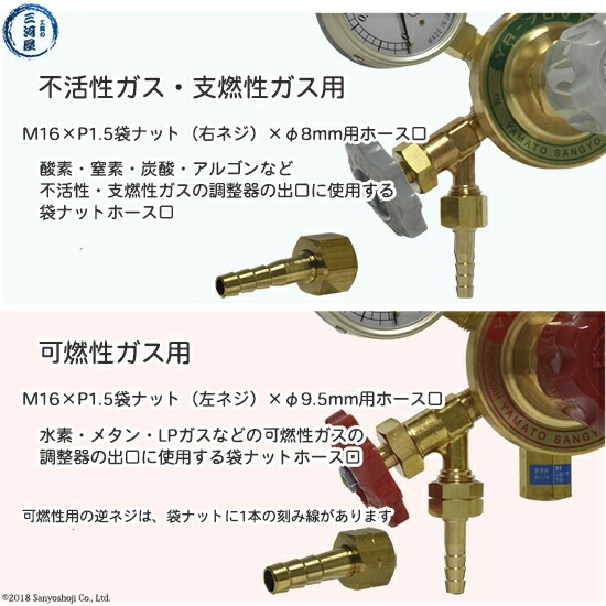 ホース 口 継手 　高圧ガス調整器 出口取付用 M16×P1.5袋ナット（右ネジ）とM16×P1.5袋ナット（左ネジ）セット