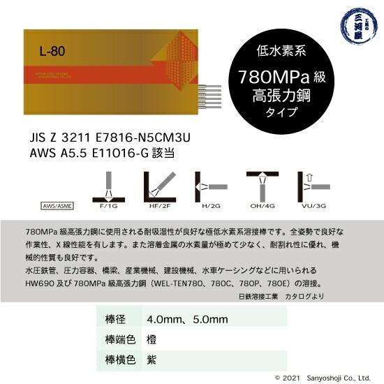 日鉄 溶接工業 アーク溶接棒 L-80 ( L80 ) 780MPa級 高張力鋼用 φ 3.2