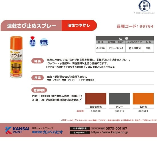 ALESCO ( アレスコ )　速乾 さび止め スプレー 　ALESCO ( アレスコ ) カンペハピオ ( KanpeHapio ) あかさび 色 420ml 1本