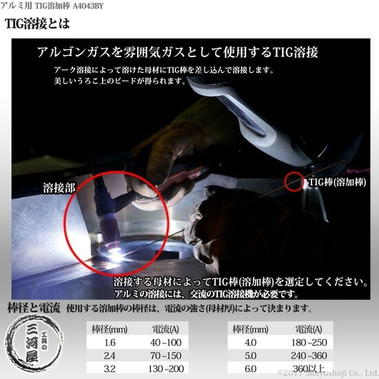 WEL ( 日本ウェルディングロッド )　TIG棒 ( 溶加棒 ) 　WEL TIG A4043 BY　アルミ 用 φ 2.0mm 1000mm ばら売り 1kg