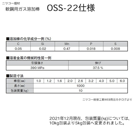 ニッコー熔材 ( NICHIA ) ガス溶加棒 OSS-22 ( OSS22 ) ガス溶接 で使用する 軟鋼用ガス棒 φ 5.0mm 1000mm お得な 10kgセット