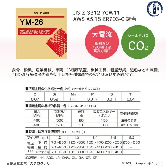 日鉄 溶接工業　半自動溶接ワイヤ 　YM-26 ( YM26 )　ソリッド φ 1.6mm 20kg巻