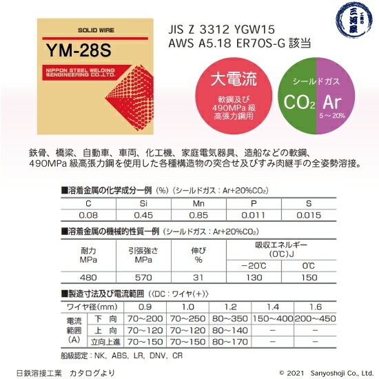 日鉄 溶接工業 半自動溶接ワイヤ YM-28S ( YM28S ) ソリッド φ 1.2mm 20kg巻