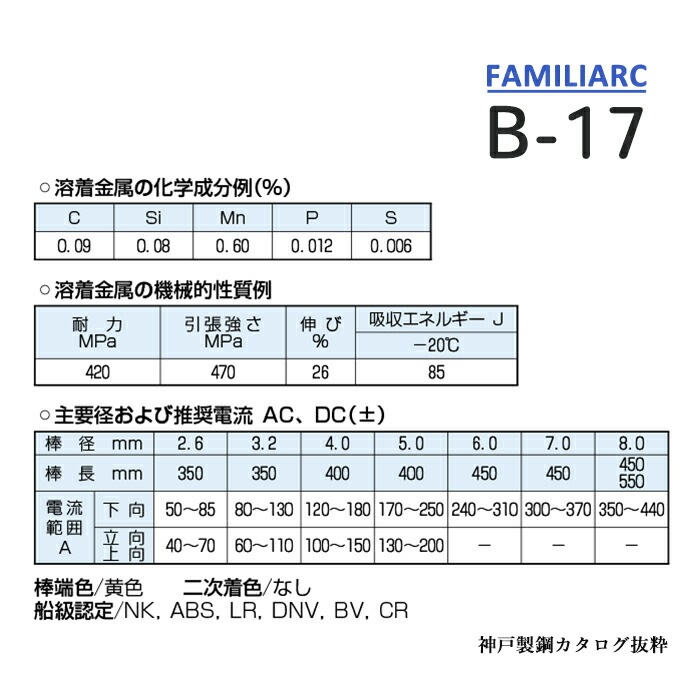 (未使用･未開封品)　KOBELCO FAMILIARC 溶接棒 B‐17 2.6×350mm 5Kg 7z28pnb 神戸製鋼 ( KOBELCO ) アーク溶接棒 LB-26 ( LB26 ) φ 5.0mm 450mm 小