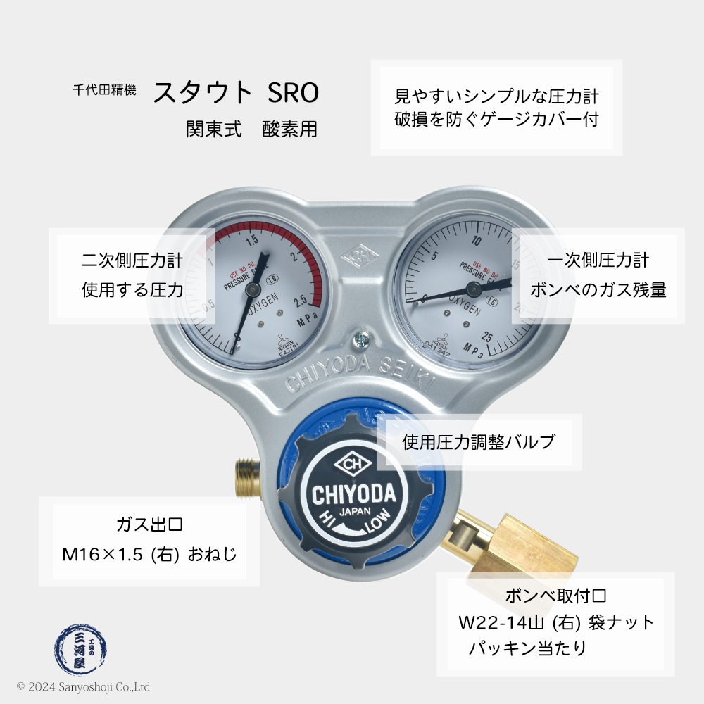 千代田 精機 ( CHIYODA ) 溶断 溶接用 関東式 酸素 圧力調整器 スタウト SRO型 No.011302（SRO-E）1台とスパナ付きハンドルの便利なセット品