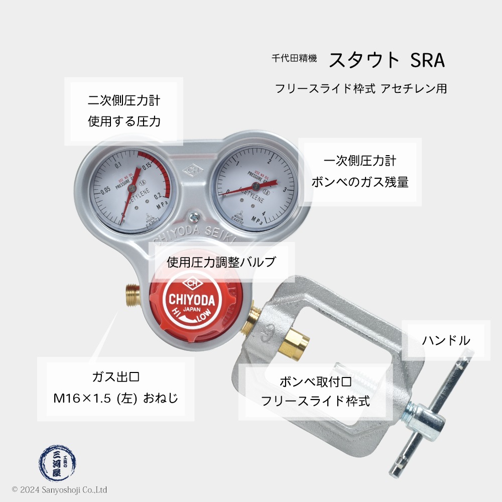 千代田 精機 ( CHIYODA ) 溶断 溶接用 アセチレン 圧力調整器 スタウト SRA型 No.011303 1台に逆火防止器が付いているお得なセット