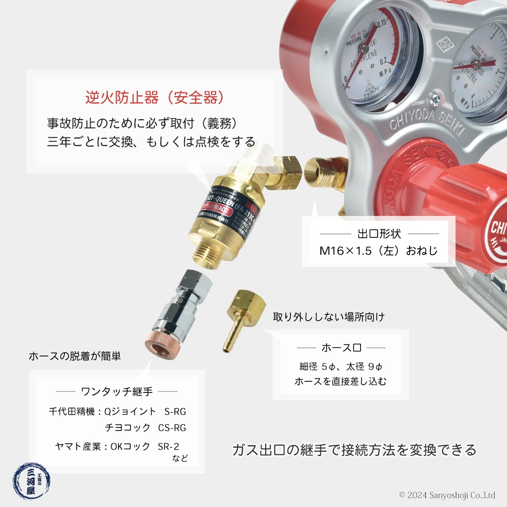 千代田 精機 ( CHIYODA ) 溶断 溶接用 アセチレン 圧力調整器 スタウト SRA型 No.011303 1台に逆火防止器が付いているお得なセット