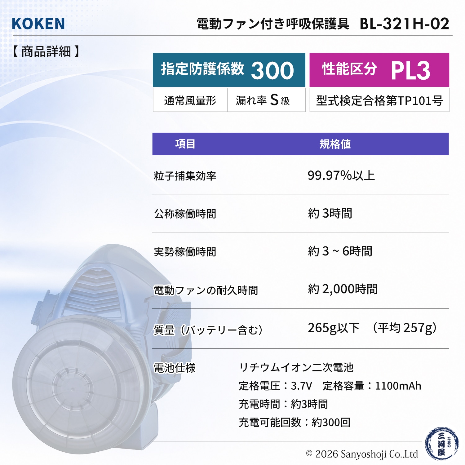 興研 電動ファン付呼吸用保護具 サカヰ式 BL-321H-02【本体/充電池