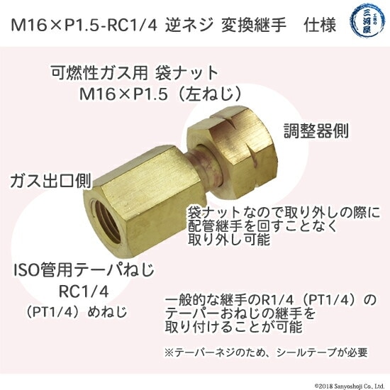 出口 変換 継手 高圧ガス調整器 可燃性ガス用 M16×P1.5（左）袋ナット