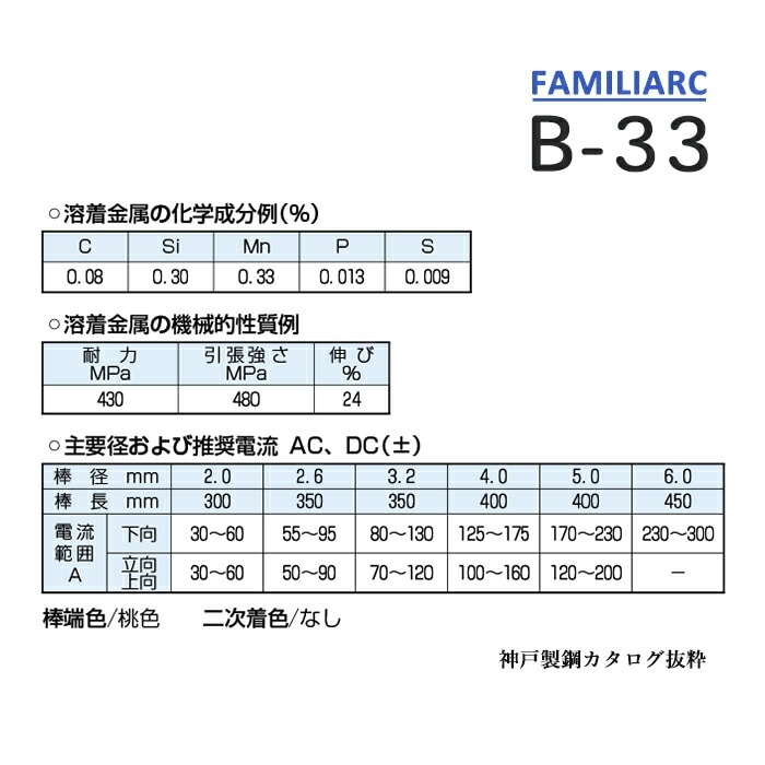 神戸製鋼 ( KOBELCO ) アーク溶接棒 B-33 ( B33 ) φ 2.6mm 350mm 大箱