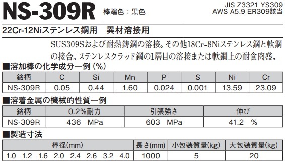 ニッコー熔材 ( NICHIA )　TIG棒 ( 溶加棒 ) 　NS-309R ( NS309R )　ステンレス と 鉄 の溶接用 φ 2.0mm 1000mm ばら売り 1kg