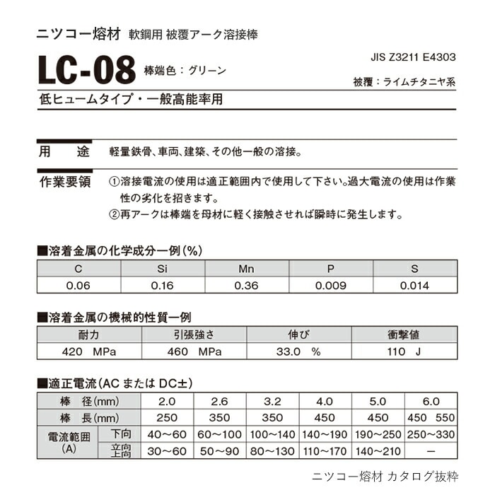 ニッコー熔材 ( NICHIA ) アーク溶接棒 来夢 LC-08 ( LC08 ) 鉄溶接 の