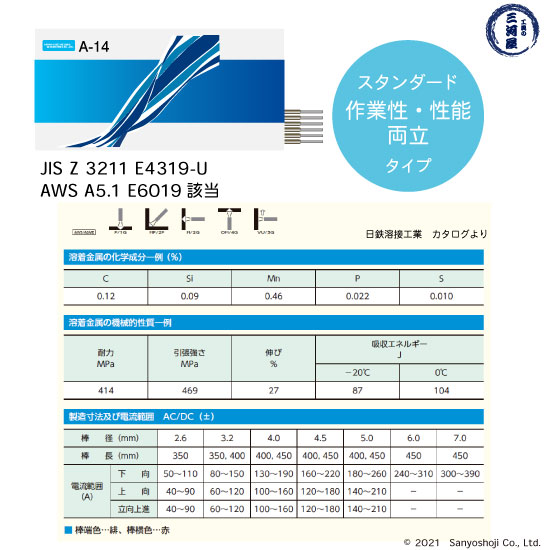 日鉄 溶接工業　アーク溶接棒 　A-14 ( A14 )　溶接 技能者試験向き ロングタイプ φ 4.0mm 450mm 小箱 5kg