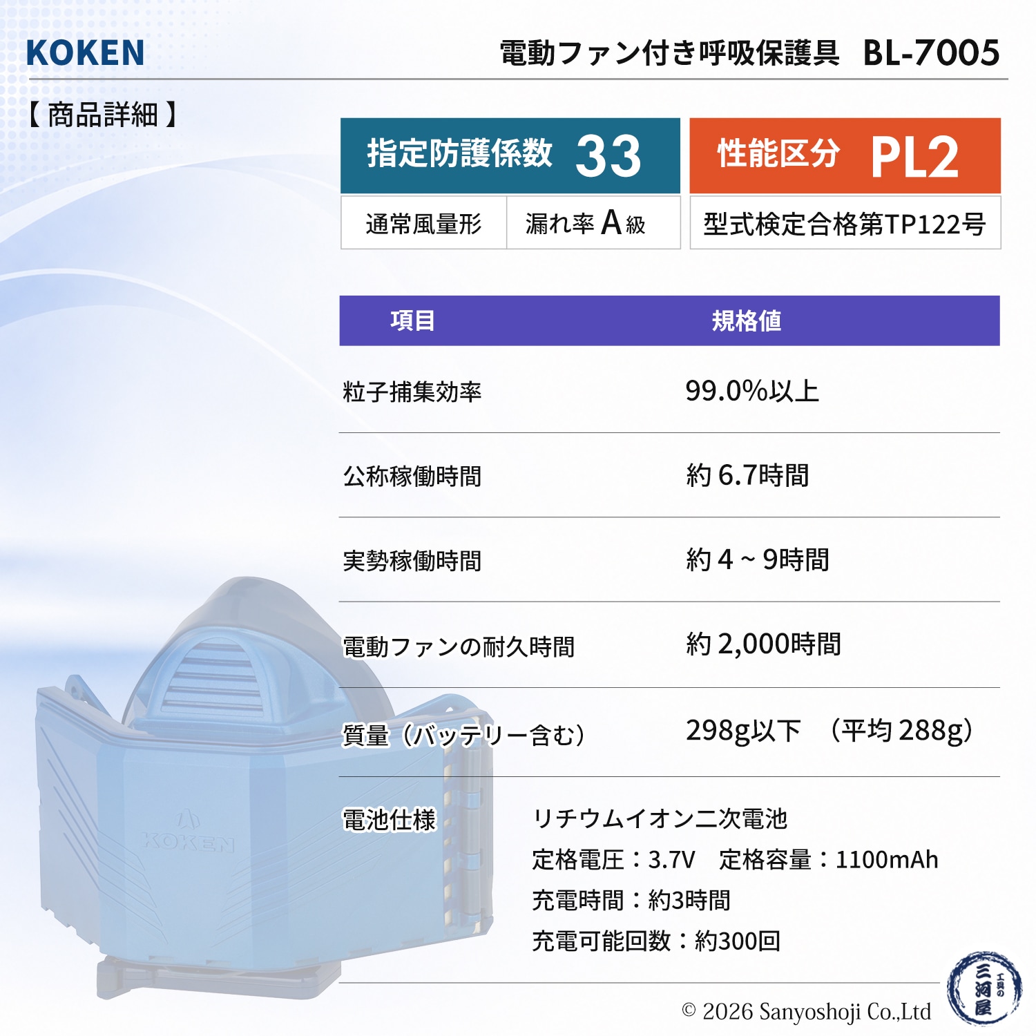 興研 電動ファン付呼吸用保護具 サカヰ式 BL-7005【本体/充電池】付 1