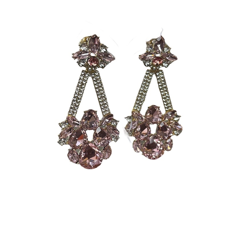 ひし形＆お花 ビジュー ピンクピアス