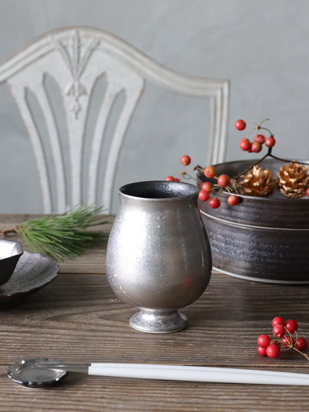 陶悦窯 ビアチューリップカップ 黒柚子銀塗り