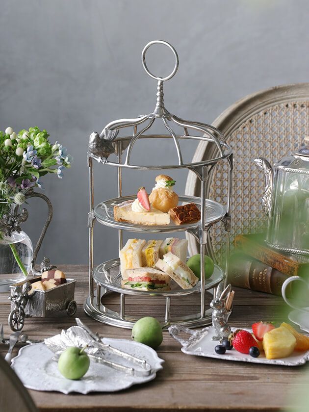 Pewter2段ケーキスタンドBird Cage