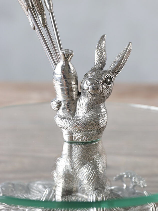 Pewterガラスケーキスタンドうさぎとフルーツピック4点のセット サラ