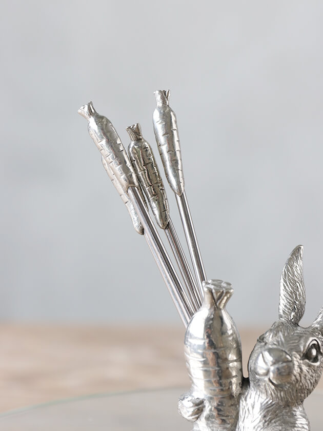 Pewterガラスケーキスタンドうさぎとフルーツピック4点のセット サラ