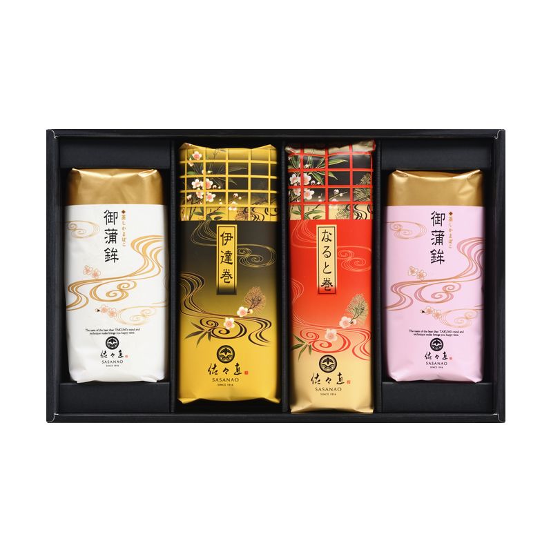 おせち-502 (紅白板蒲鉾、伊達巻、なると巻 合計4本 化粧箱入)