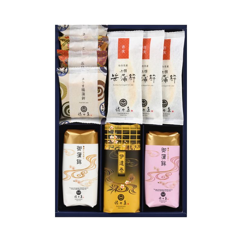 おせち-505 (おせち蒲鉾3本、かまぼこ9枚 化粧箱入)