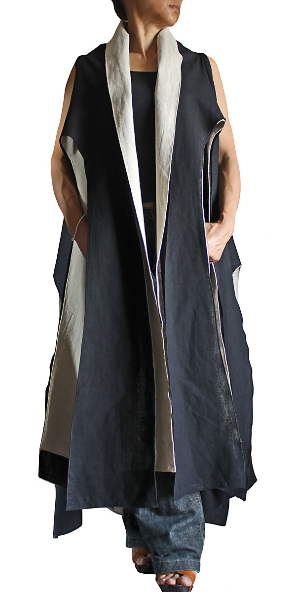 リネンのタコ型ノースリーブ羽織ジャケット二枚重ね（JFS-144-01