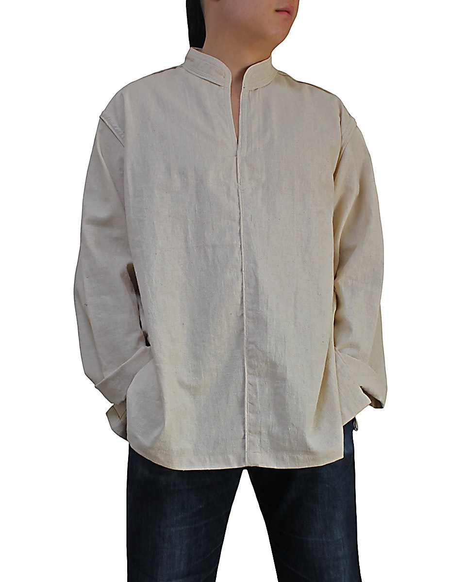 ヘンプのパイピングスタンドカラーメンズプルオーバー ナチュラル シャツ ブラウス チュニック 長袖 七分袖 さわんアジア衣料雑貨店草木染めと手織り綿を纏う生活