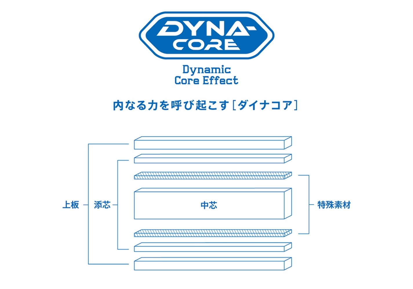 『DYNA CORE（Dynamic Core Effect）とは』
－内なる力を呼び起こす［ダイナコア］－
木材を生かし、木材を超える。DYNA-CORE［ダイナコア］は、5枚合板の中芯の横に特殊素材を挟み込み、木材の特徴を生かしながらも、特殊素材を加えることで威力をアップさせた。
木材と特殊素材の無限の組み合わせから、威力、コントロールのバランスを考えて、選ばれしラケットが［ダイナコア］として誕生する。
