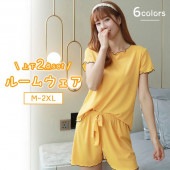 【セール】即納 安い レディース 上下 2点セット パジャマ ルームウェア  夏 半袖 半ズボン セットアップ 可愛い 部屋着 寝巻き 無地 シンプル ランジェリー なめらか素材 ウエストリボン|下着