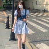 パフスリーブ シャツワンピース デニムベスト 2点セット レディース ワンピース フリル カジュアル 韓国 ファッション お洒落 春 夏 秋|ワンピース・チュニック|レディースファッション