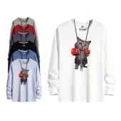 メンズ ロングTシャツ 長袖 カットソー トップス クルーネック プルオーバー プリント 猫柄 原宿系 カジュアル ワンポイント 通気性 お洒落 春 秋|トップス|メンズファッション