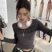 レディース Uネック 英字 プリント 長袖 Tシャツ カットソー ロンT トップス インナー タイト シルエット カジュアル 着やせ スリム お洒落 春 秋|トップス|レディースファッション