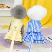 犬用 ストライブ柄 ワンピース型 ハーネス リード付 ボタン 胴輪 フィット フリル キュート 通気性 爽やか 可愛い お散歩 お出かけ 簡単 取り付け 軽量 お洒落|ペット用品|ペット用品