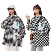 【セール】即納 安い レディース チェッカー柄 シャツ ブラウス 長袖 トップス 胸ポケット オーバーサイズ カジュアル ルーズシルエット ストリート モノトーン お洒落 春 秋 送料無料