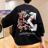 メンズ 薔薇 ボタニカル柄 バックプリント 半袖 Tシャツ カットソー トップス 5分袖 ミドル丈 ゆったり ビッグシルエット カジュアル ロゴ 上品 お洒落 春 夏|トップス|メンズファッション