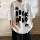 メンズ フロント ロゴ 半袖 リブ Tシャツ カットソー トップス クルーネック 大きいサイズ 体型カバー 薄手 カジュアル ストリート 韓国 お洒落 春 夏|トップス|メンズファッション