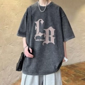 メンズ プリント ウォッシュド 五分袖 Tシャツ 半袖 トップス プルオーバー 大きいサイズ ゆったり リラックス ルーズ カジュアル 体型カバー お洒落 春 夏|トップス|メンズファッション