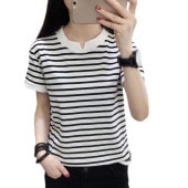 レディース ボーダー コットン Tシャツ 半袖 トップス カットソー 爽やか キーネック 伸縮性 シンプル シック きれいめ お洒落 春夏|トップス|レディースファッション