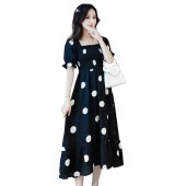 レディース ドット柄 ロング丈 シフォンワンピース バックリボン ワンピース パフスリーブ 体型カバー シック ふんわり 可愛い お洒落 春 夏|ワンピース・チュニック|レディースファッション