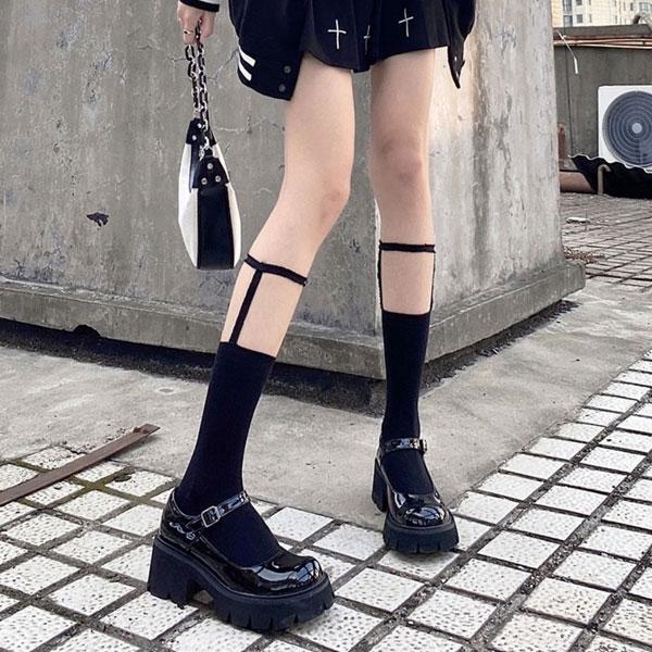 レディース ガーターバンド ハイソックス フリーサイズ 靴下 膝丈  