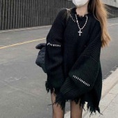 レディース フリンジ セーター チュニック ワンピース 裾 ダメージ加工 ニット ステッチ付き フリーサイズ カジュアル ルーズシルエット 可愛い お洒落 春 秋 冬|ワンピース・チュニック|レディー