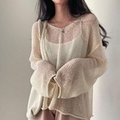 レディース メッシュニット 長袖 透け感 薄手 ゆったり ローゲージ トップス ルーズニット サマーニット 日焼け止め 冷房対策 春 夏 フリーサイズ|トップス|レディースファッション
