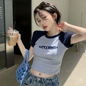 【セール】即納 安い レディース Tシャツ ラグラン 半袖 ロゴ クロップド丈 へそ出し スリム トップス ラグランＴ Y2K スポーティー おしゃれ 春 夏|トップス|レディースファッション