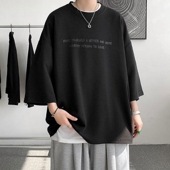 メンズ 接触冷感 英文プリント 七分袖 Tシャツ 半袖 カットソー ドロップショルダー オーバーサイズ ゆったり シルエット モノトーン ロゴ お洒落 春 夏|トップス|メンズファッション