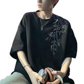 メンズ 竹柄 ディテール 半袖 Tシャツ クルーネック カットソー トップス オーバーサイズ 吸湿性 カジュアル 柔らかい 肌触り コットン 上品 お洒落 春 夏