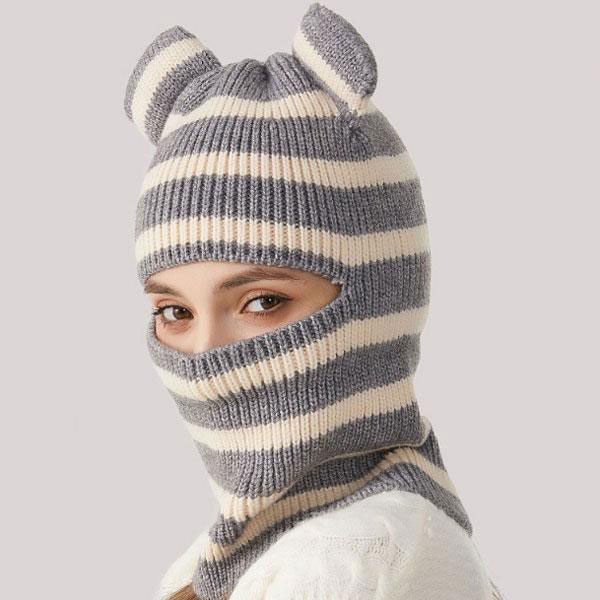 レディース ニットキャップ 目出し帽 耳付き 2WAY ボーダー