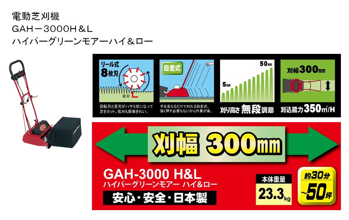 電気芝刈機】ハイパーグリーンモアーハイ&ロー GAH-3000H&L