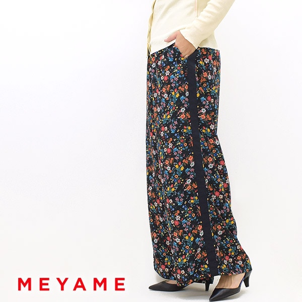 MEYAME花柄ワイドパンツ サイドポケット付き MEYAME メヤメ SIDE LINE WIDE PANTS (FLOWER) サイドライン