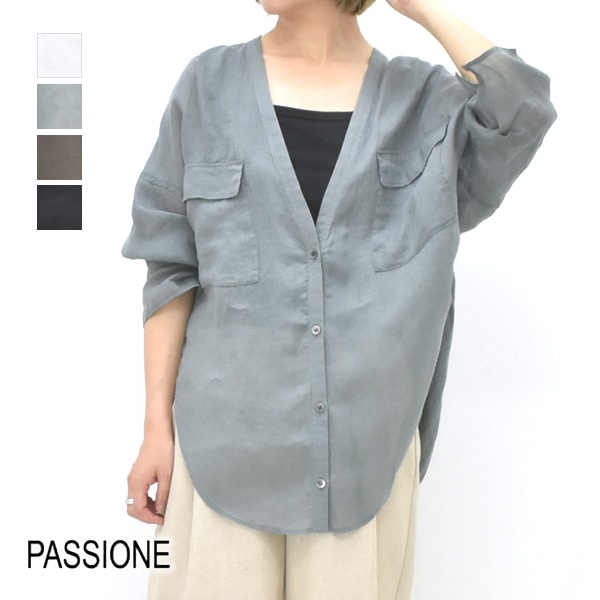 PASSIONE パシオーネ Vネックラミーシャツ シアーブラウス コットン